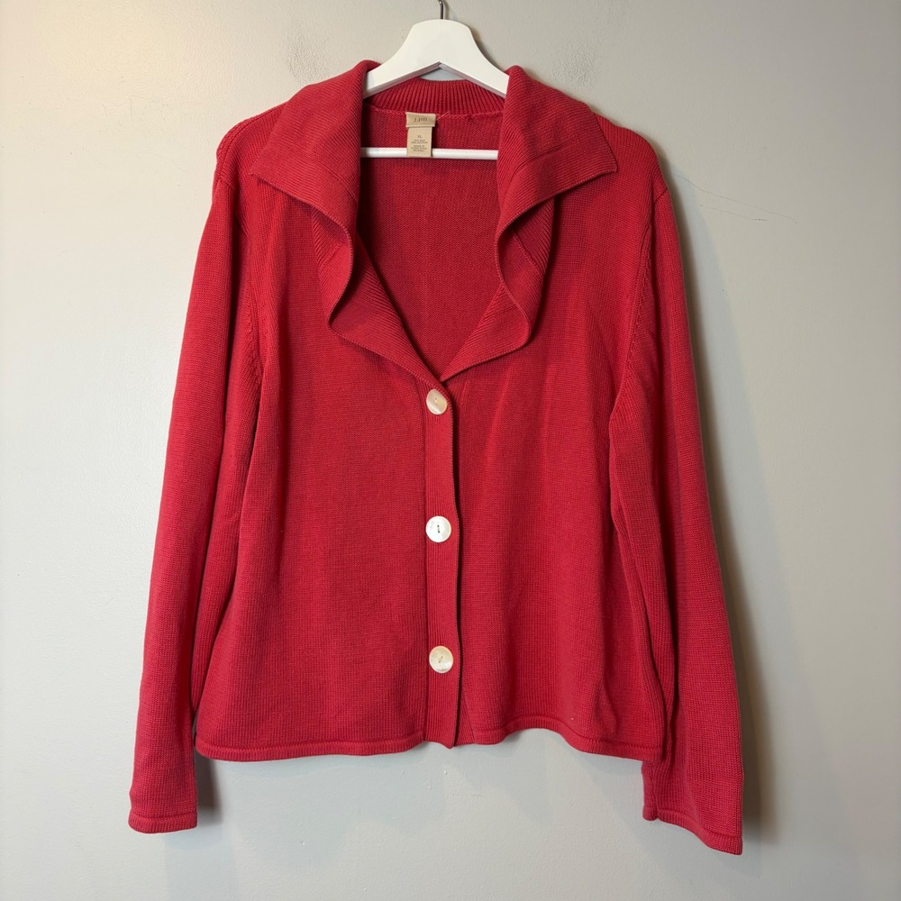 J. Jill Red Silk Cotton Blend Button Front Shawl‎ Collar Cardigan Sweater XL